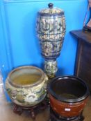 A Ceramic Jardiniere, decorated with water lilies, approx 30 cms high, together with an orange glaze