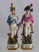 A Pair of Capo Di Monte Figures, depicting soldiers, one Prussian the other French. approx 32 cms