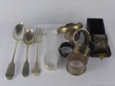 A Miscellaneous Collection of Solid Silver, including seven napkin rings, Victorian fork by George
