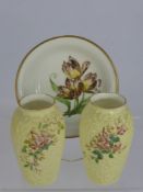 A Pair of Floral Porcelain Vases, decorated with floral spray, together with a Meissen plate, hand
