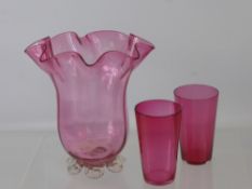 A Victorian Cranberry Handkerchief Vase, approx 19 cms high, together with six Cranberry water