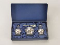 A Box Set of Cruet, comprising salt, pepper and mustard, Birmingham hallmark, dd circa 1993.