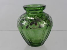 A Quantity of Green Italian Glass Hand Painted with Silver, comprising a decanter with stopper, five