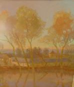 An Original Oil on Canvas, depicting a lake scene in the moonlight, initialled L.J. to bottom