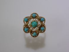 A Lady's 9 ct Yellow Gold Turquoise and Seed Pearl Ring. 1 x 4.5 mm, 6 x 3 mm turquoise and 6 x 2.