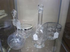 Two Antique Miniature Decanters, one hand painted with flowers, together with one large rose bowl