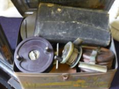 Chevalier Bowness & Baines Brass Trout Reel, Allcock Aerialite Bakelite Reel, vintage wooden reel