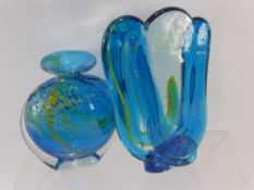 A Mdina Glass Sculpture signed to base together with an aquamarine Mdina style vase and four