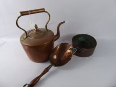 Miscellaneous Antique Copper, including a grain scoop, saucepan and a fireside kettle. (3)
