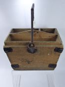 A Vintage Pine Basket with Cast Iron Handle, together with a vintage leather suitcase. (2)