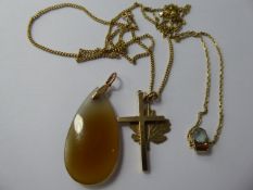 Miscellaneous 9ct Gold Jewellery, including a blue stone pendant of chain, 9 ct gold cross and maple