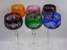 Six Continental Coloured Long Stem Hock Glasses.