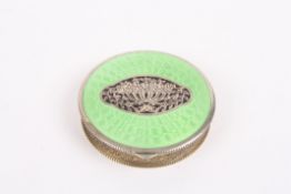 A Continental guilloche enamel, white metal and brass compactthe engine turned green enamel lid