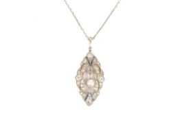 A delicate Edwardian sapphire, diamond and pearl pendantthe pendant scroll set with sapphires and