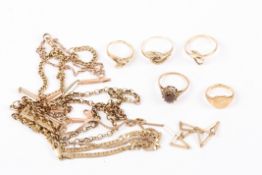 A group of assorted 9ct gold jewellerycomprising a garnet cluster ring, three snake rings, a signet