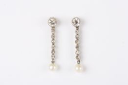 A pair of diamond and pearl drop earringswith butterfly backs, overall length 2.5cmCondition: