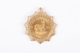 A 1980 South African full Krugerandin a 9ct gold pendant mount., Approx 44 grams total.Condition: