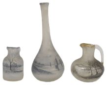 Three small Daum acid etched glass pieces the baluster vase decorated with a Dutch scene of