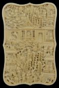 A late 19th century Cantonese carved ivory card case the shaped rectangular case carved in relief