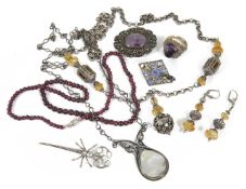 An Art Deco style silver marcasite and citrine fancy necklace, a Chinese silver amethyst and