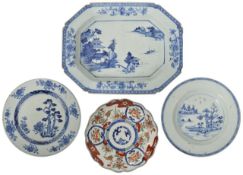 A large 18th Century blue & white export ware dish of rectangular octagonal form decorated with