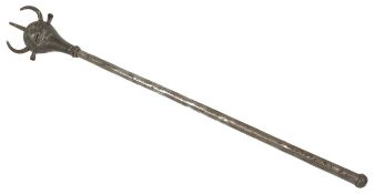 An unusual Indo-Persian ceremonial mace formed as a horned mask with spike to top of head, etched