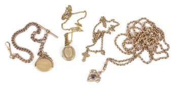 A Victorian 9ct gold long guard chain with Art Nouveau pendant fob, a Victorian 9ct gold fancy