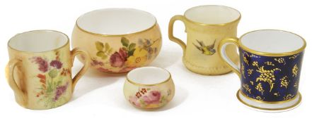 Three Worcester miniature items including a larger and smaller bowl, both painted with flowers, a