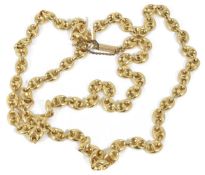 A Continental gold anchor link long chain, with fancy push clasp fastening, marked .750 for 18ct