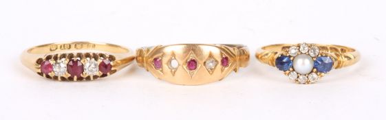 A delicate Victorian sapphire, split pearl and diamond ring the central pearl with single