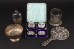 A collection of assorted silver items including a hip flask, set of cased salts, a silver wine