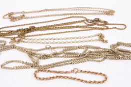 A Victorian 9ct. gold long guard chain, another gold chain, a 9ct gold rope twist bracelet and two