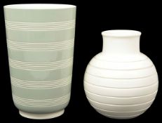 A Keith Murray for Wedgwood green and white ribbed vase of tapered cylindrical form, with green