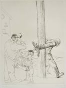 Peter Howson (born 1958) British Sonny, an engraving of a boy with a toy boat and a man tied up in