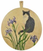 A Bloomsbury cat cheese board painted by Diane Simpson 1995, large circular wooden cheese board with