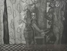 June Carey RSW (20th Century) Scottish From behind the curtain, a black and white engraving of