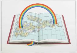 Patrick Hughes (born 1939) British Under the weather, a signed print of a rainbow and atlas,