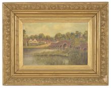 F. W. Hart (British) 'Fishing by a viaduct' small late 19th/early 20th century, oil on canvas of a