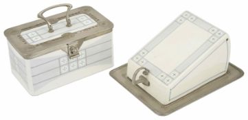 A WMF ceramic and pewter biscuit box with matching cheese dish the box of rectangular form with