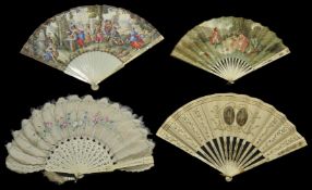 A collection of four fans including a painted feather fan with bone guard sticks decorated with
