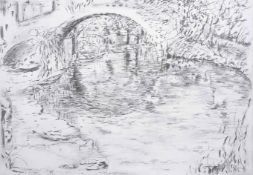Sarah Medway (20th century) British Bridge, a pencil sketch of trees and a bridge, signed and