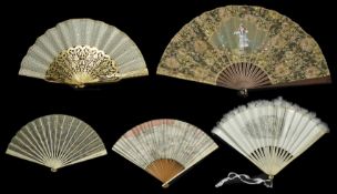 A collection of five fans including an early 19th century fan decorated with sequins, a Japanese