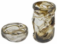 A large Whitefriars nobbled glass vase clear with brown streaking together with a similar bowl