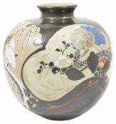 An unusual Japanese earthenware vase of globular form decorated with Art Noveau style, with shaped