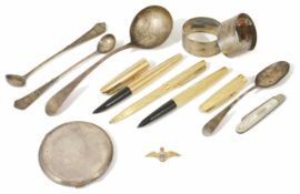 A small collection of silver oddments comprising a ladies RAF compact with blue guilloche enamel rim