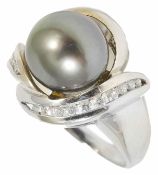 A large Tahitian grey pearl and diamond cocktail ring the white metal mount (tests for gold) with