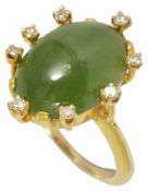 An unusual Continental spinach green jade and diamond fancy ring with central oval jade within a