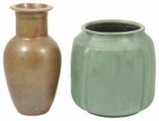 A large green Upchurch pottery vase of shouldered square form with moulded lugs in green glaze,