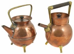 Two copper and brass kettles in the manner of Christopher Dresser both of angular form with brass