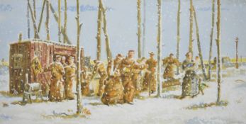 Joseph Davie (20th century) Watercolour of figures merrymaking in the snow. Signed, framed. Together